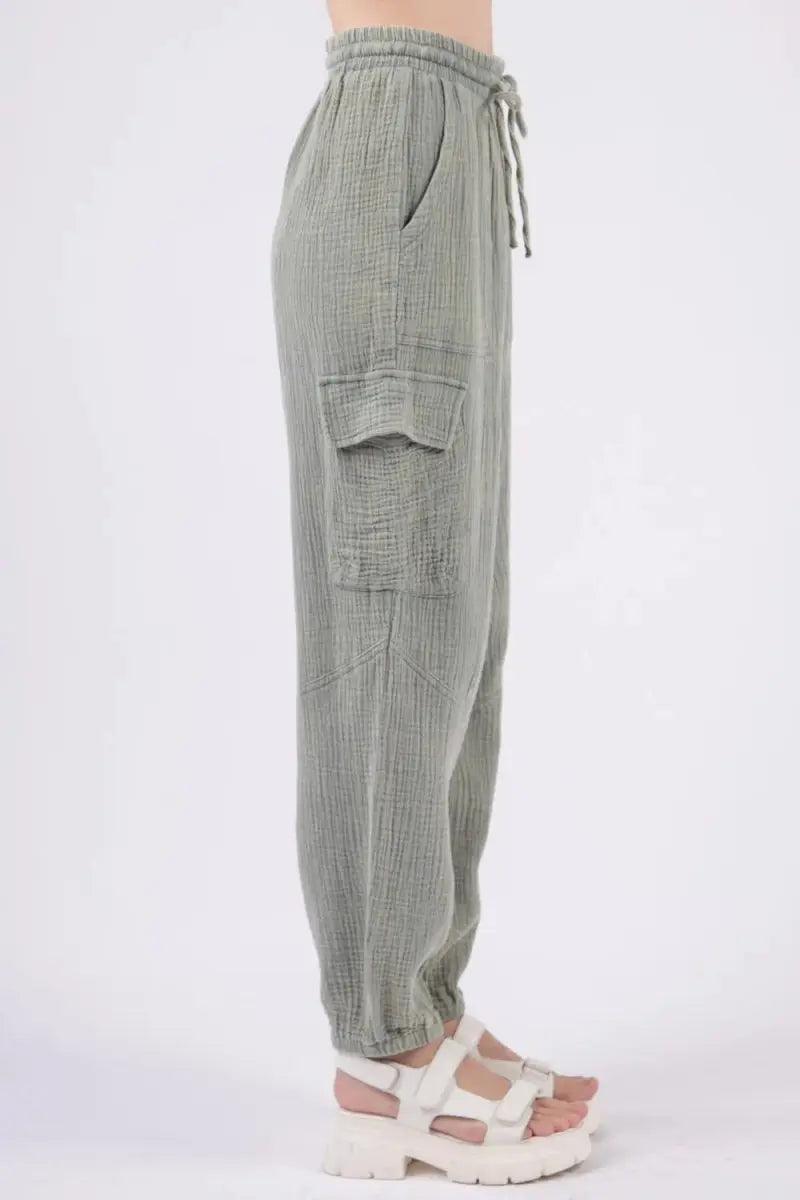 Very J Washed Woven Crinkle Gauze Drawstring Pants for Comfort - Love Salve